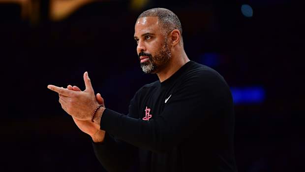Rockets head coach Ime Udoka watches game action against the Los Angeles Lakers during the second half at Crypto.com Arena